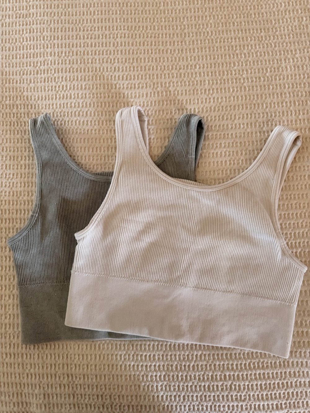 Ribbed Scoop Neck Tank Top - Cream and Olive (Set)